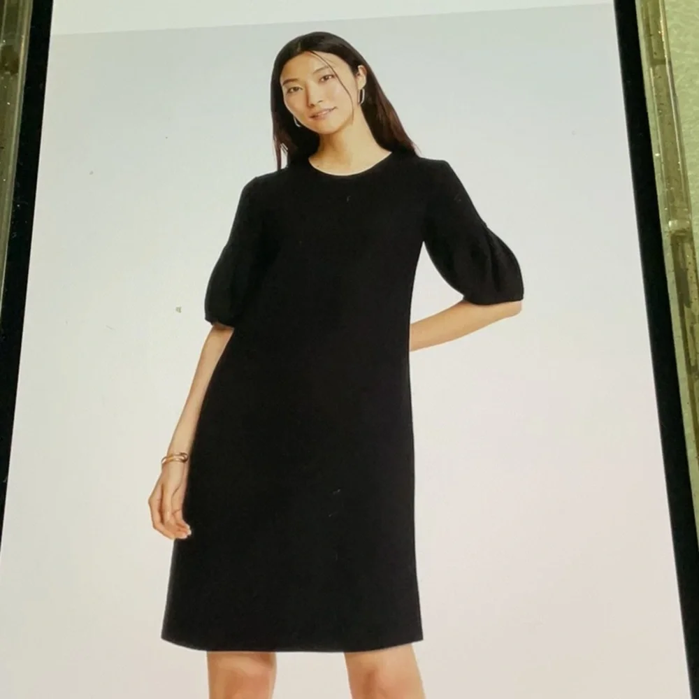 Ann Taylor Black Dress  14 w/Lantern Puff Sleeves Pleated & Lined 100% Polyester - Picture 4 of 7
